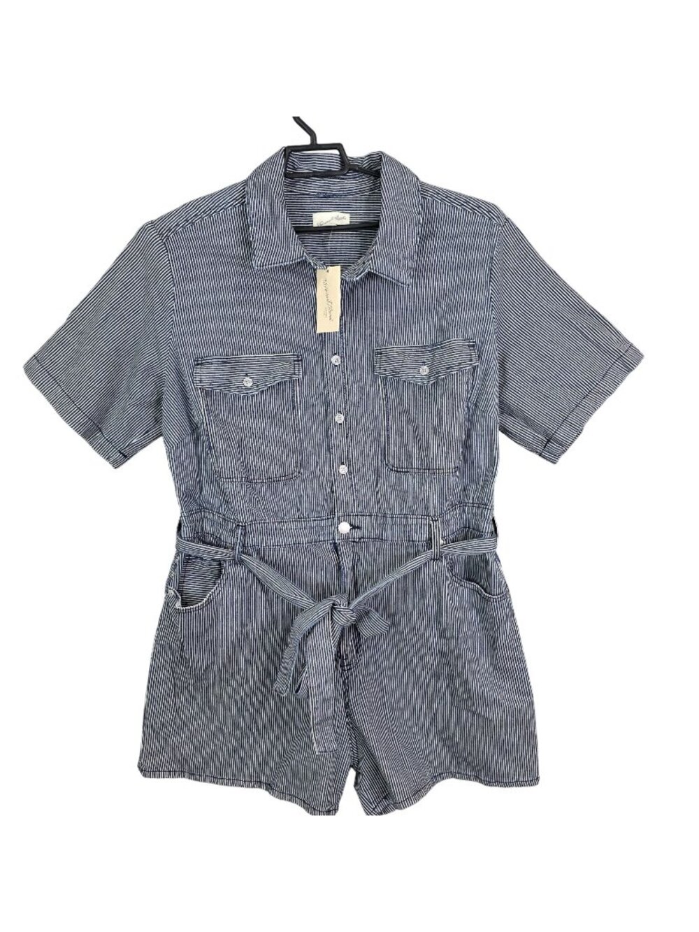 Juniors Blue & White Striped Button Front Romper Belted 100% Cotton Size 17